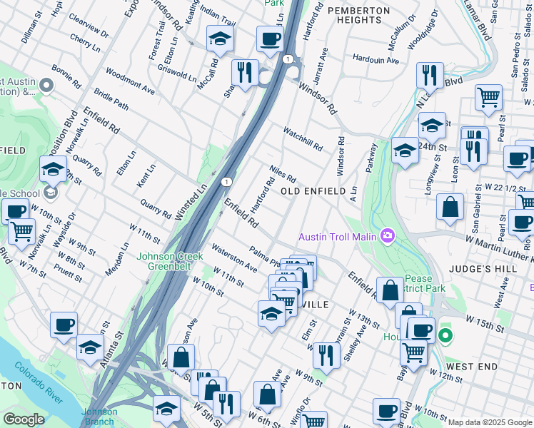map of restaurants, bars, coffee shops, grocery stores, and more near 1713 Summit View Place in Austin