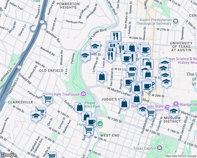 map of restaurants, bars, coffee shops, grocery stores, and more near 1913 David Street in Austin