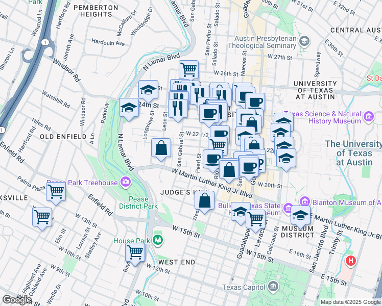map of restaurants, bars, coffee shops, grocery stores, and more near 908 West 21st Street in Austin