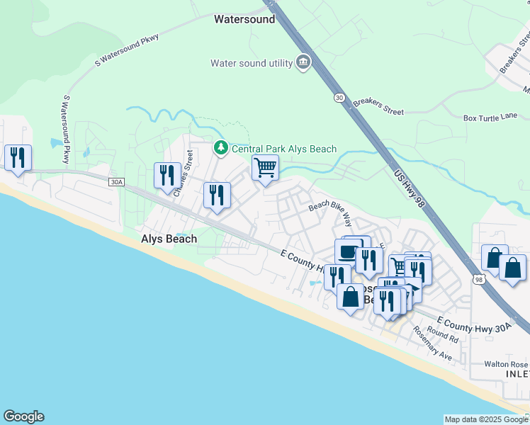 map of restaurants, bars, coffee shops, grocery stores, and more near 136 Surfer Lane in Panama City Beach