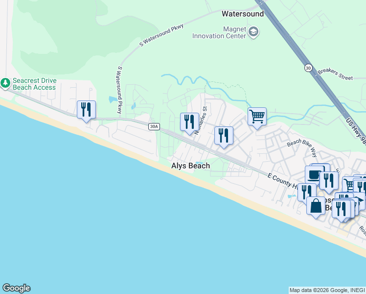 map of restaurants, bars, coffee shops, grocery stores, and more near 147 West La Garza Lane in Panama City Beach