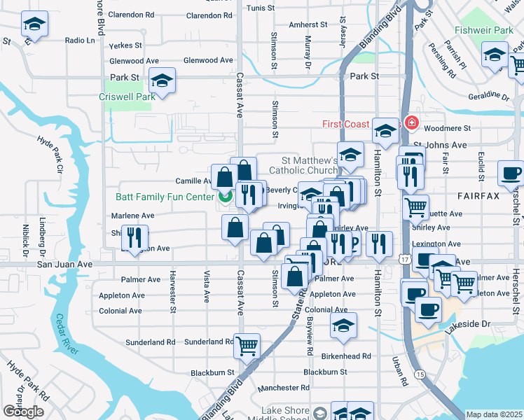 map of restaurants, bars, coffee shops, grocery stores, and more near 4820 Irvington Avenue in Jacksonville