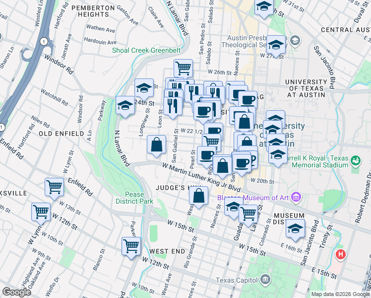 map of restaurants, bars, coffee shops, grocery stores, and more near 904 West 21st Street in Austin