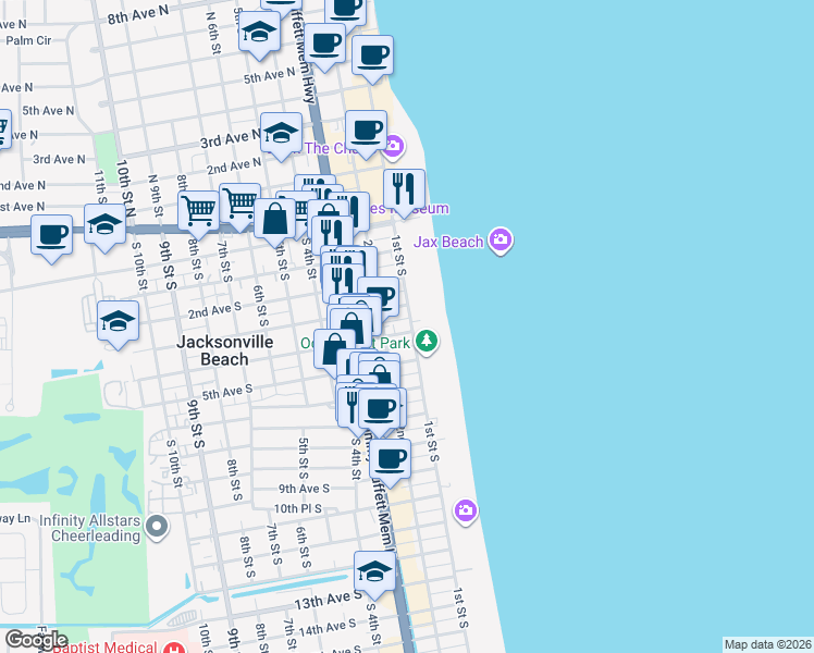 map of restaurants, bars, coffee shops, grocery stores, and more near 349 1st Street South in Jacksonville Beach