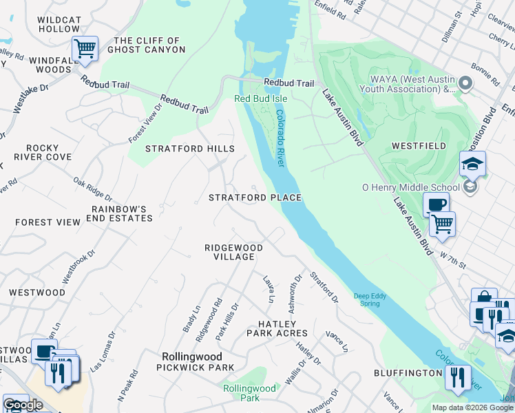 map of restaurants, bars, coffee shops, grocery stores, and more near 3111 Above Stratford Place in Austin