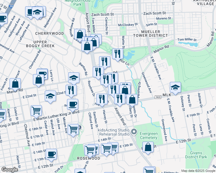 map of restaurants, bars, coffee shops, grocery stores, and more near 2101 Airport Boulevard in Austin