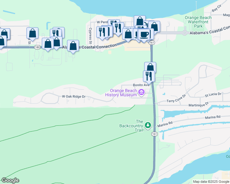 map of restaurants, bars, coffee shops, grocery stores, and more near 25697 West Oak Ridge Drive in Orange Beach
