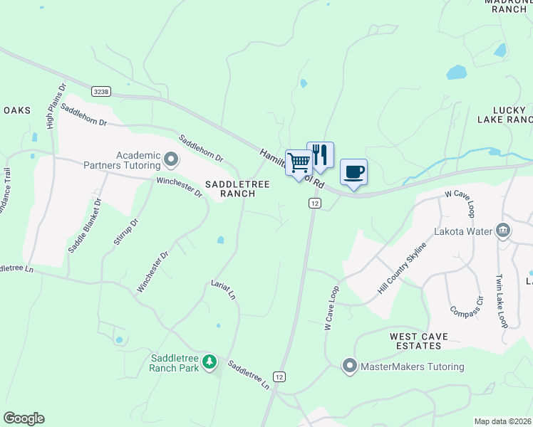 map of restaurants, bars, coffee shops, grocery stores, and more near 104 Twin Saddles in Dripping Springs