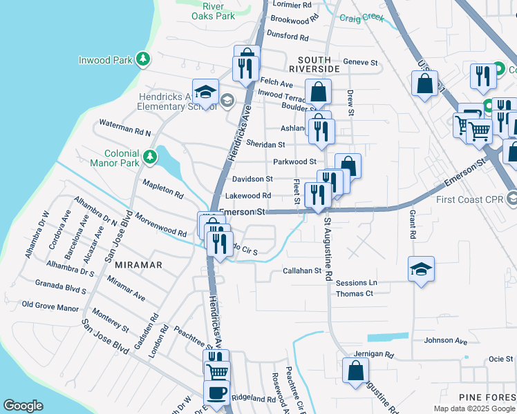 map of restaurants, bars, coffee shops, grocery stores, and more near 1661 Emerson Street in Jacksonville