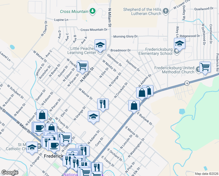 map of restaurants, bars, coffee shops, grocery stores, and more near 214 West Burbank Street in Fredericksburg