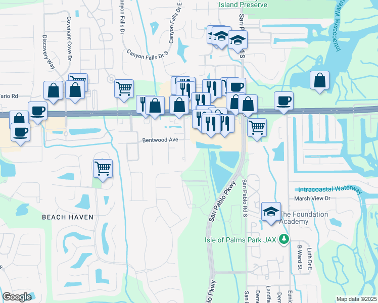 map of restaurants, bars, coffee shops, grocery stores, and more near 3439 Washburn Road in Jacksonville
