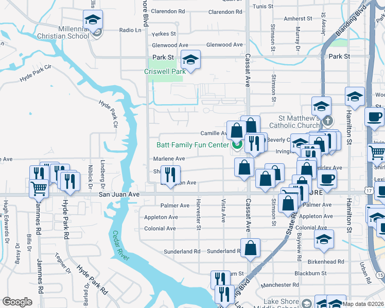 map of restaurants, bars, coffee shops, grocery stores, and more near 5209 Marlene Avenue in Jacksonville