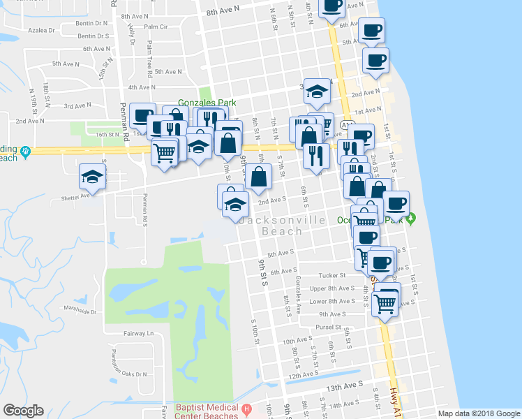 map of restaurants, bars, coffee shops, grocery stores, and more near 817 Lincoln Court South in Jacksonville Beach