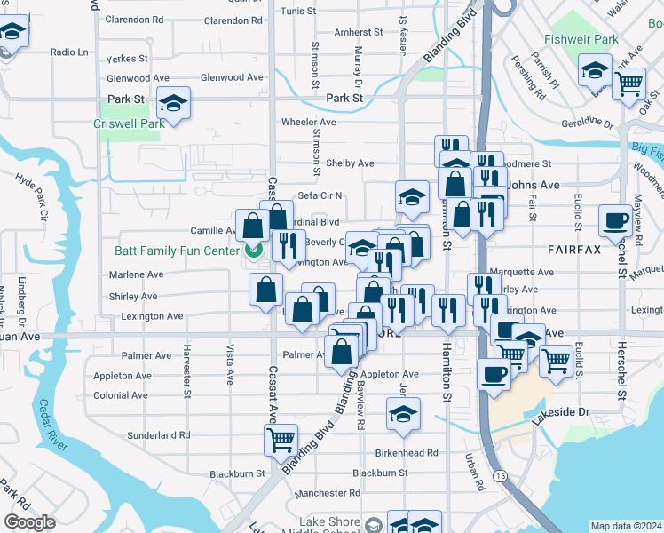 map of restaurants, bars, coffee shops, grocery stores, and more near 4742 Irvington Avenue in Jacksonville