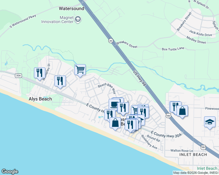 map of restaurants, bars, coffee shops, grocery stores, and more near 41 Beachcomber Lane in Rosemary Beach