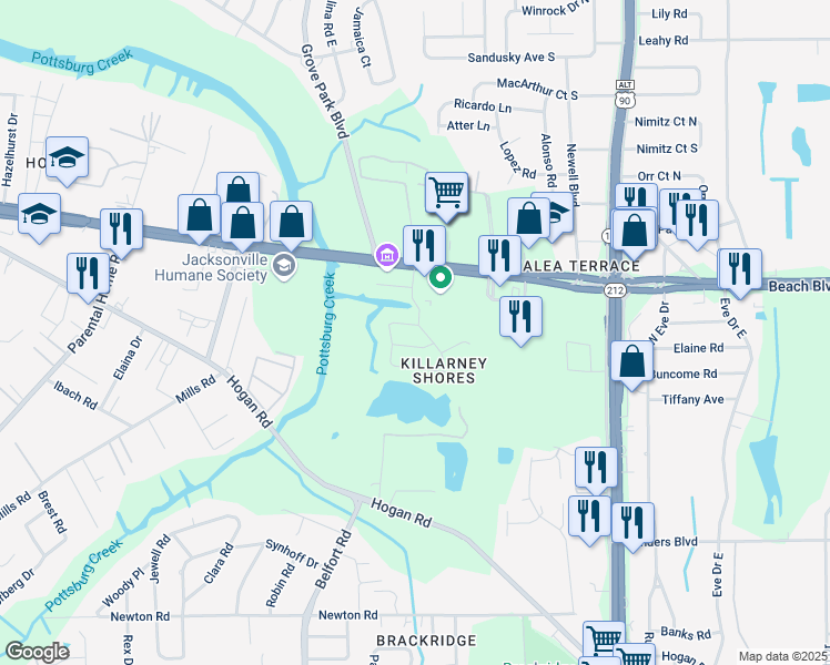 map of restaurants, bars, coffee shops, grocery stores, and more near 8630 Emerald Isle Circle North in Jacksonville