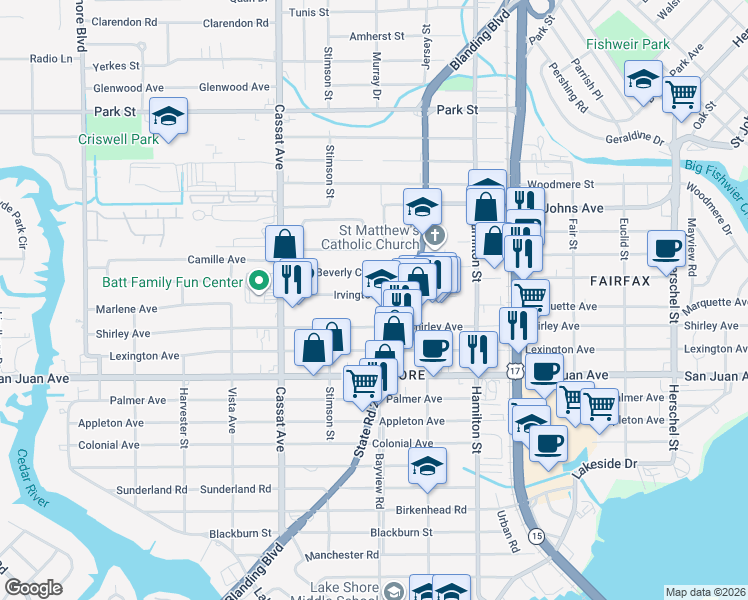 map of restaurants, bars, coffee shops, grocery stores, and more near 4636 Irvington Avenue in Jacksonville
