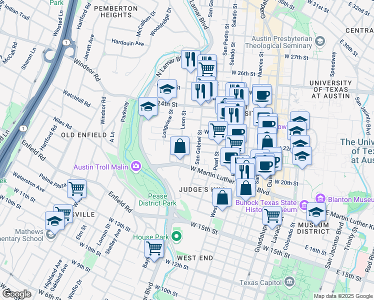 map of restaurants, bars, coffee shops, grocery stores, and more near 1915 Robbins Place in Austin
