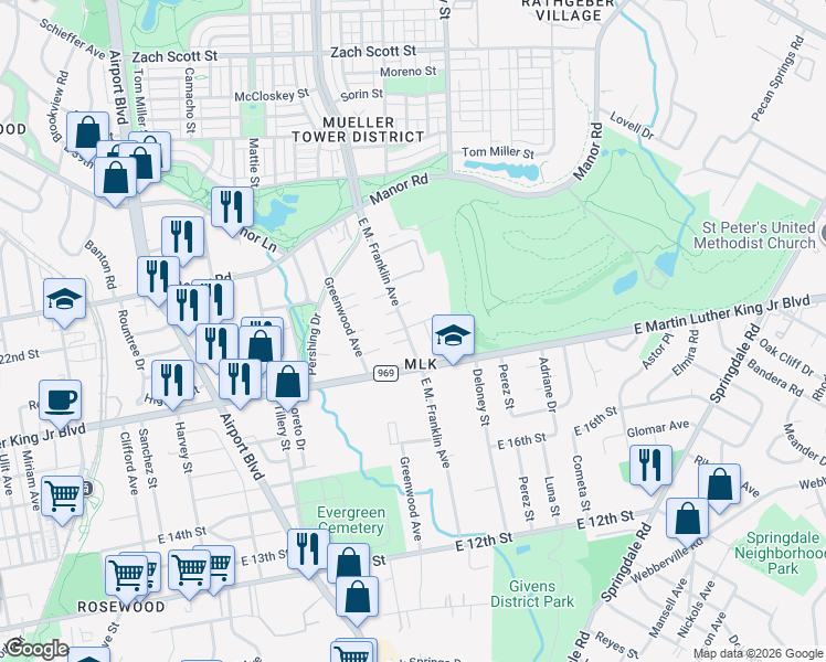 map of restaurants, bars, coffee shops, grocery stores, and more near 1919 E. M. Franklin Avenue in Austin