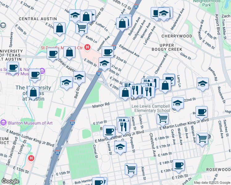 map of restaurants, bars, coffee shops, grocery stores, and more near 2702 Drury Lane in Austin