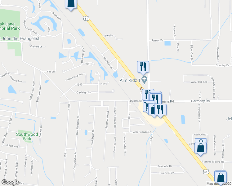map of restaurants, bars, coffee shops, grocery stores, and more near 38451 Oakleigh Lane in Prairieville