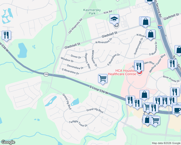 map of restaurants, bars, coffee shops, grocery stores, and more near 613 S Rivershire Dr in Conroe