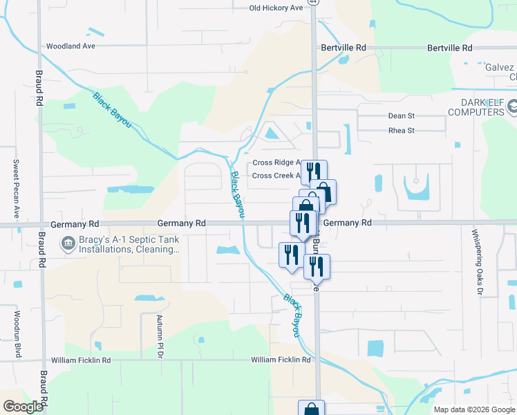 map of restaurants, bars, coffee shops, grocery stores, and more near 40433 Fox Run Drive in Gonzales