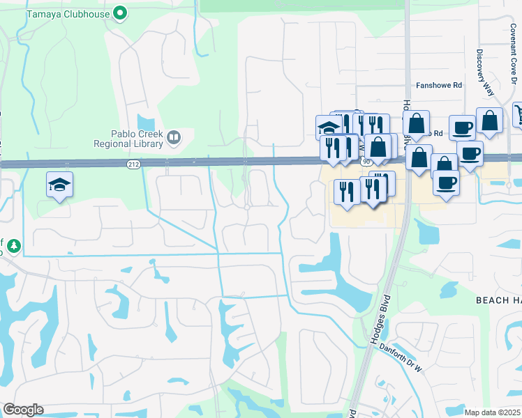 map of restaurants, bars, coffee shops, grocery stores, and more near 3692 Summerlin Lane East in Jacksonville