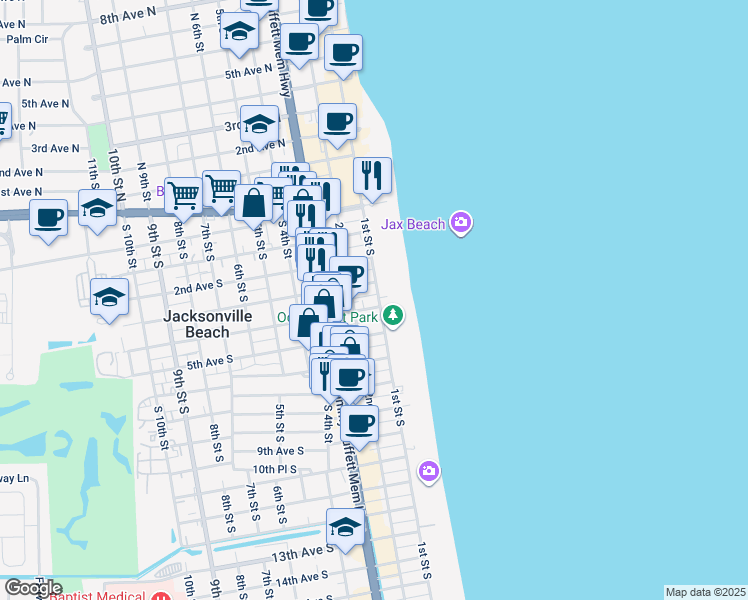 map of restaurants, bars, coffee shops, grocery stores, and more near 349 1st Street South in Jacksonville Beach