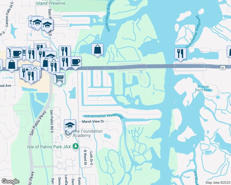 map of restaurants, bars, coffee shops, grocery stores, and more near 3428 Silver Palm Drive in Jacksonville
