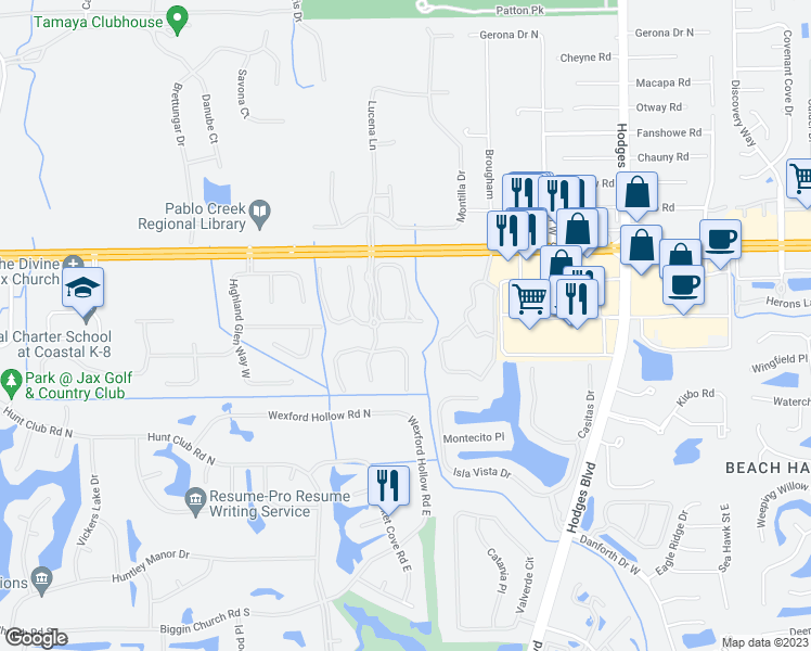 map of restaurants, bars, coffee shops, grocery stores, and more near 3692 Summerlin Lane East in Jacksonville