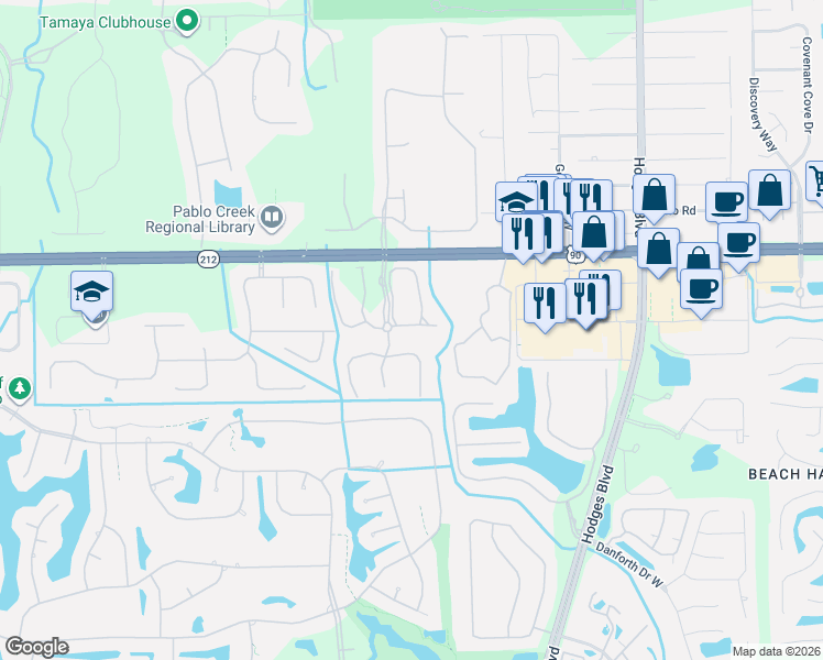 map of restaurants, bars, coffee shops, grocery stores, and more near 3692 Summerlin Lane East in Jacksonville