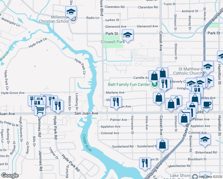 map of restaurants, bars, coffee shops, grocery stores, and more near 5335 Marlene Avenue in Jacksonville