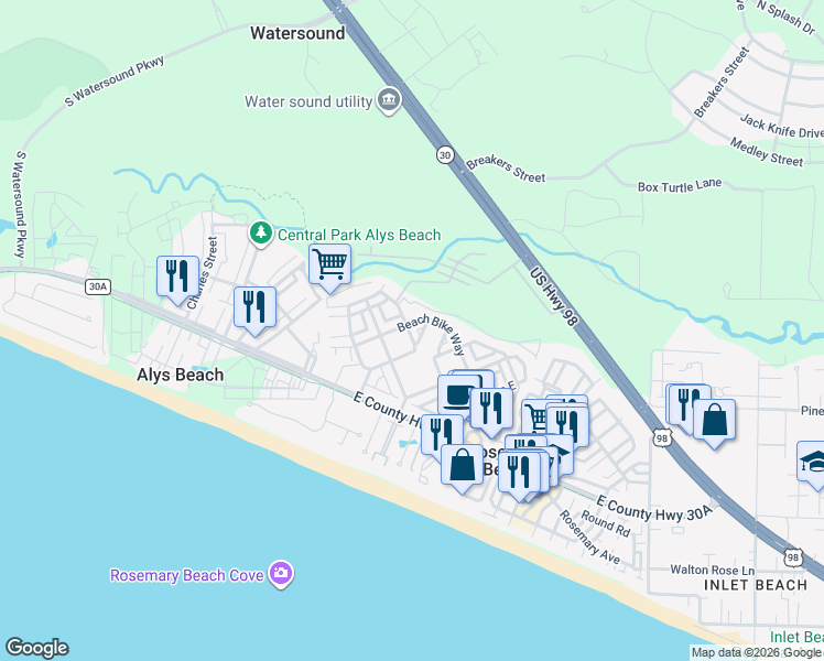 map of restaurants, bars, coffee shops, grocery stores, and more near 105 East Blue Crab Loop in Rosemary Beach