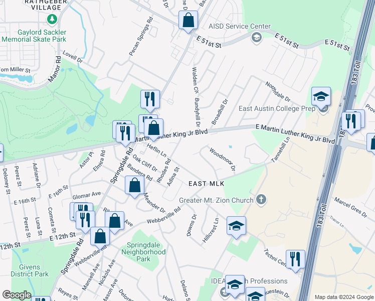 map of restaurants, bars, coffee shops, grocery stores, and more near 4400 Elmsgrove Drive in Austin