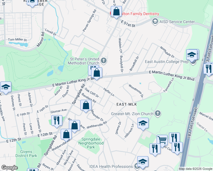 map of restaurants, bars, coffee shops, grocery stores, and more near 4804 Heflin Lane in Austin
