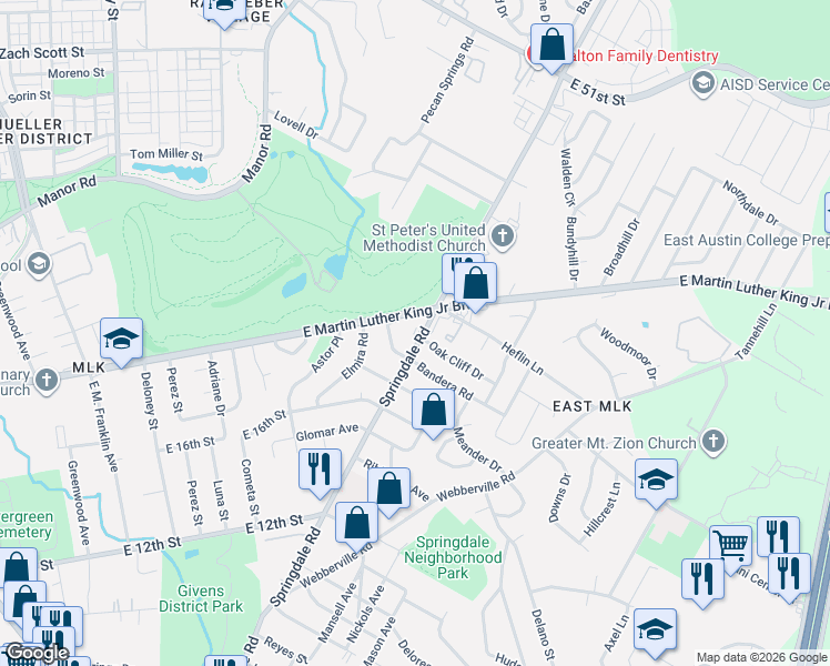 map of restaurants, bars, coffee shops, grocery stores, and more near 1810 Springdale Road in Austin