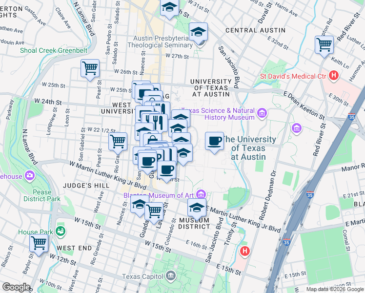 map of restaurants, bars, coffee shops, grocery stores, and more near 208 West 21st Street in Austin