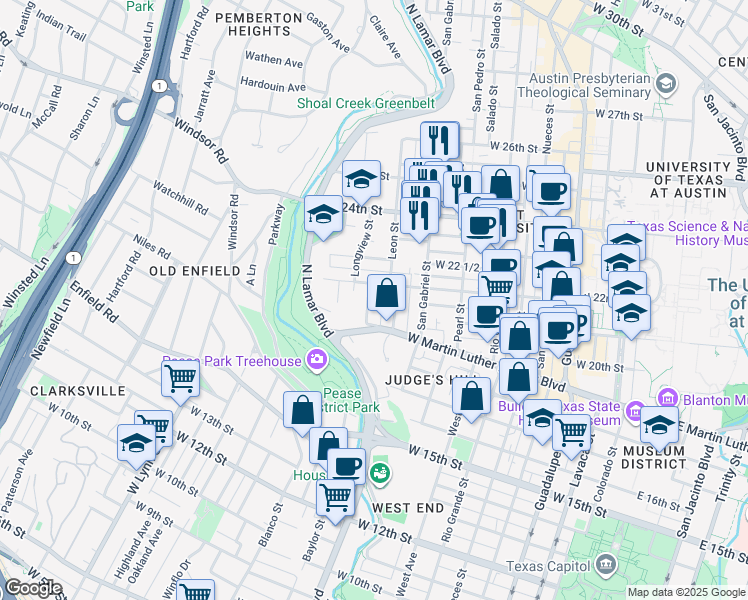 map of restaurants, bars, coffee shops, grocery stores, and more near 1913 David Street in Austin
