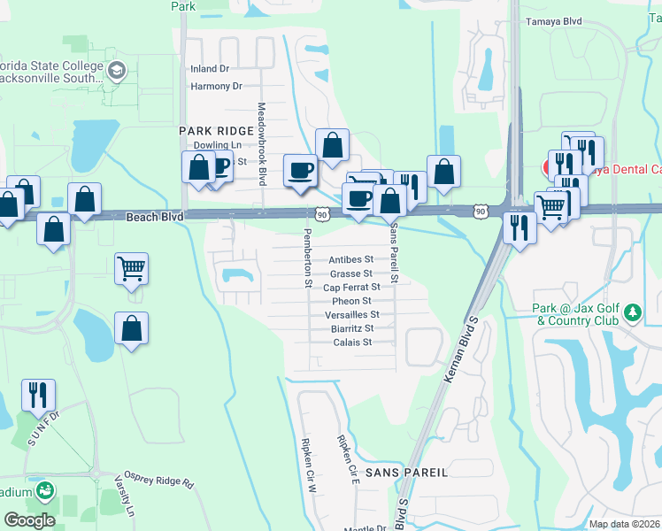 map of restaurants, bars, coffee shops, grocery stores, and more near 12145 Grasse Street in Jacksonville