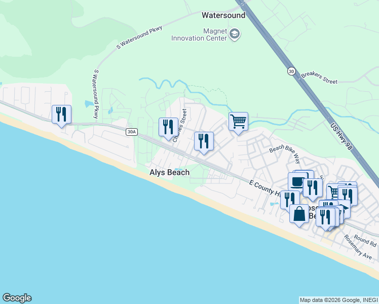 map of restaurants, bars, coffee shops, grocery stores, and more near 29 Somerset Street in Alys Beach