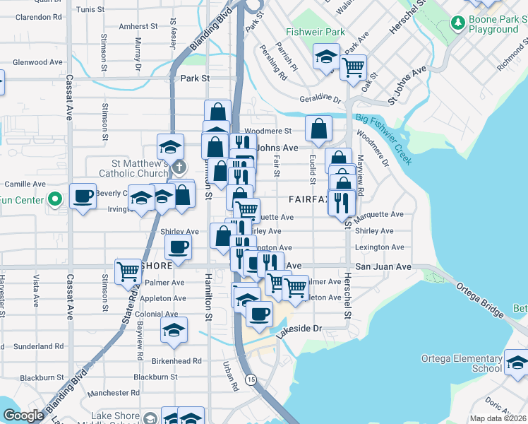 map of restaurants, bars, coffee shops, grocery stores, and more near 4423 Marquette Avenue in Jacksonville