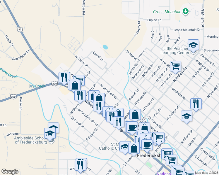map of restaurants, bars, coffee shops, grocery stores, and more near 306 North Acorn Street in Fredericksburg