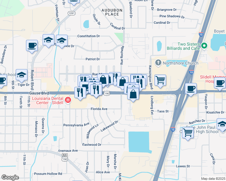 map of restaurants, bars, coffee shops, grocery stores, and more near 1418 Gause Boulevard in Slidell
