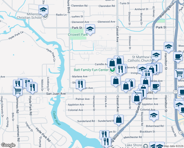 map of restaurants, bars, coffee shops, grocery stores, and more near 5209 Marlene Avenue in Jacksonville