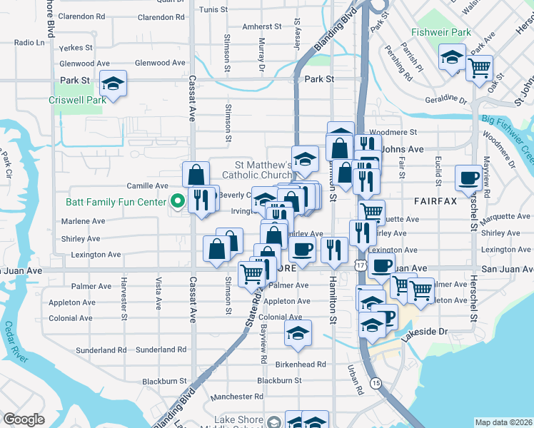 map of restaurants, bars, coffee shops, grocery stores, and more near 4636 Irvington Avenue in Jacksonville