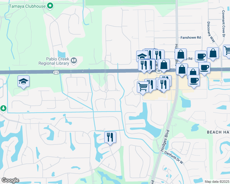 map of restaurants, bars, coffee shops, grocery stores, and more near 3692 Summerlin Lane East in Jacksonville