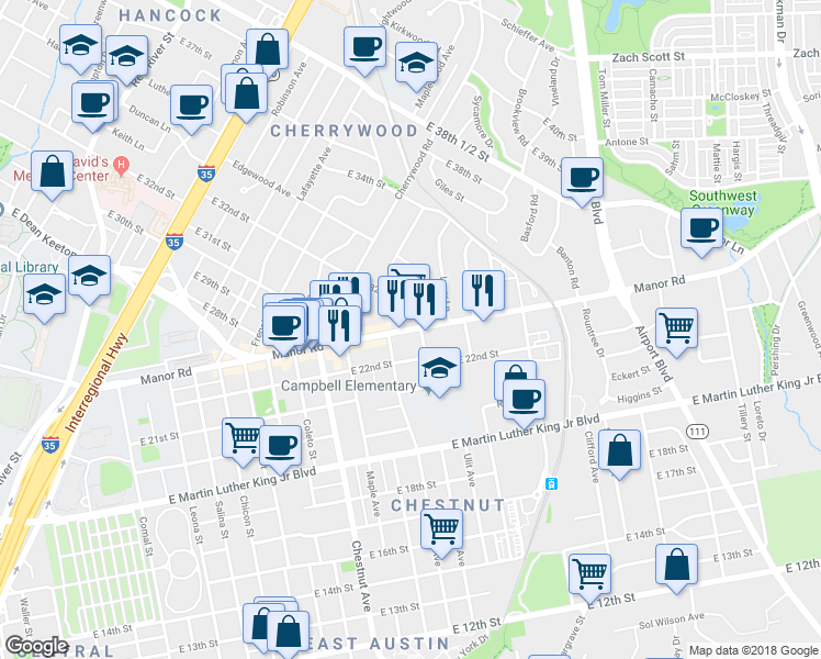 map of restaurants, bars, coffee shops, grocery stores, and more near 2612 Manor Road in Austin