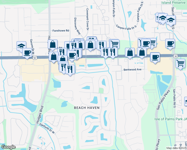 map of restaurants, bars, coffee shops, grocery stores, and more near 13849 Breaksea Court in Jacksonville