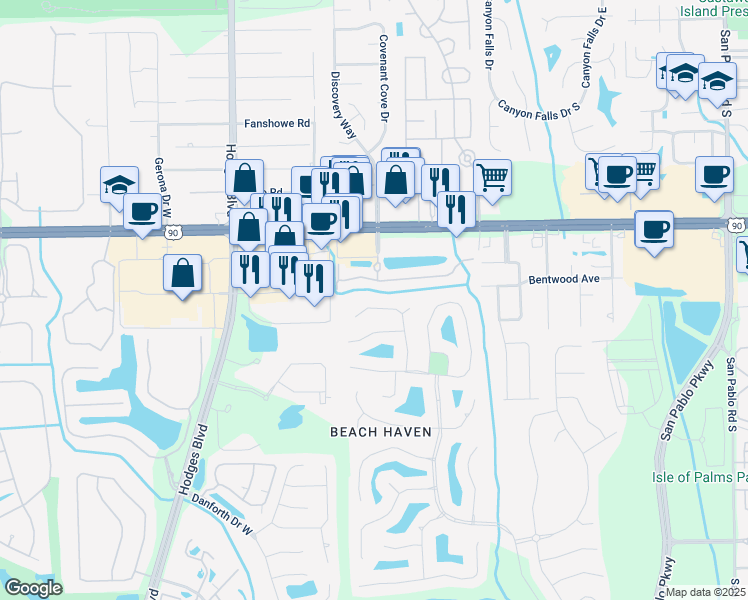 map of restaurants, bars, coffee shops, grocery stores, and more near 13763 Shady Woods Street South in Jacksonville